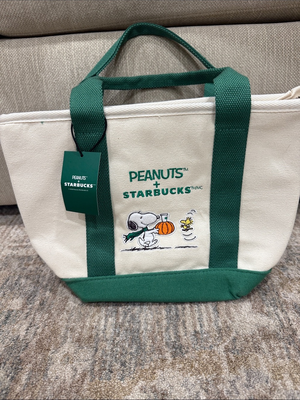 Starbucks Green & Cream Peanuts Canvas Tote Bag